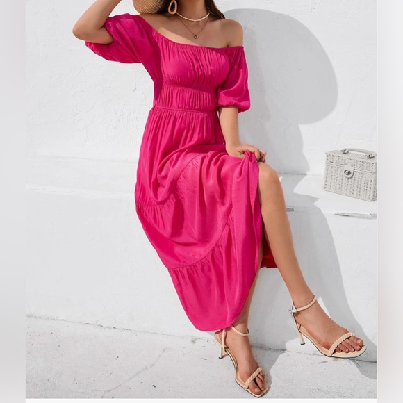 Boho Off Shoulder Puff Sleeve Layered Hem Belted Dress - Picture 4 of 6